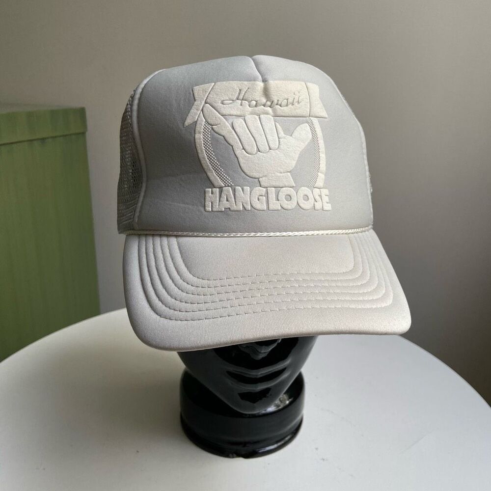 Vintage 80s Hawaiian Hang Loose Grey Adjustable Trucker Hat Cap
